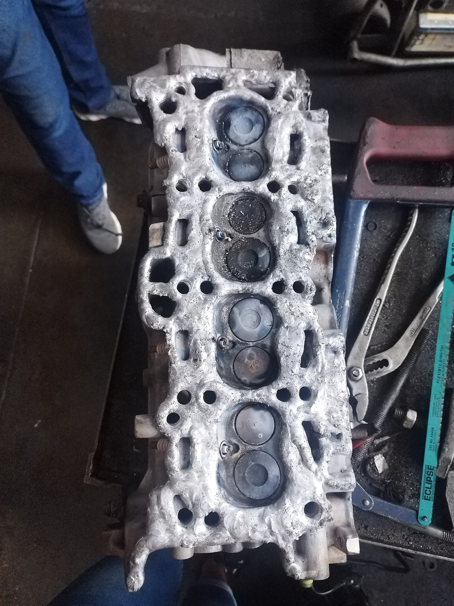 Cylinder head under inspection at Mpangele Auto Engineering